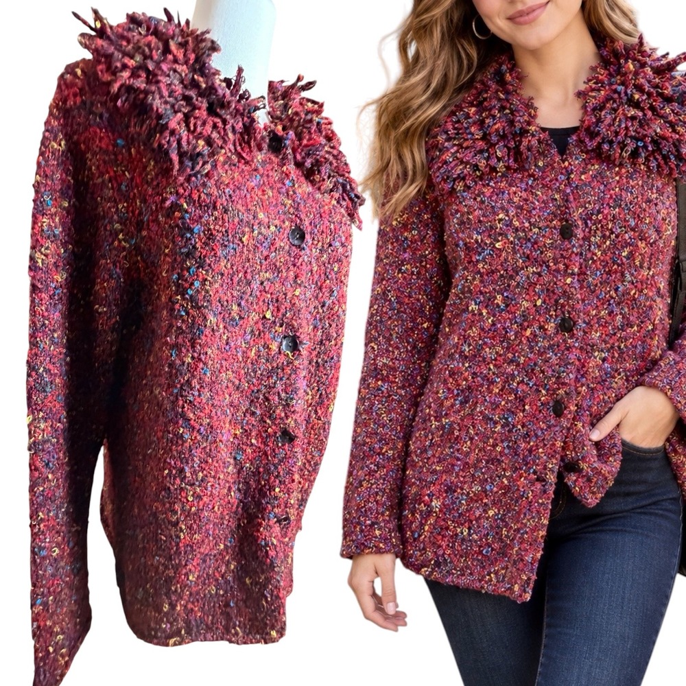 Chico’s Design Vintage Boucle Cardigan Jacket Shag Collar Multicolor Size 2